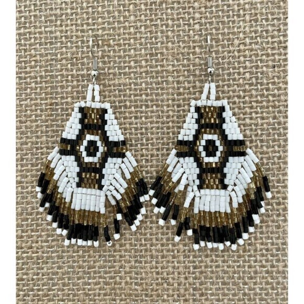 Handmade Miyuki Seed-Bead Fringe Dangling Earrings White Black Gold NWT